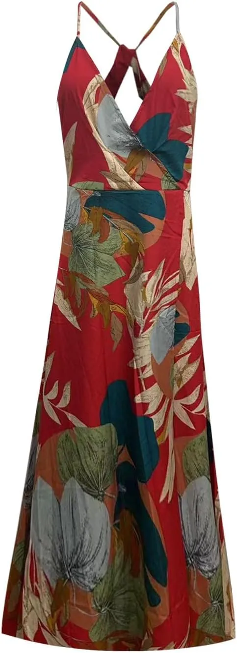 Womens Summer Boho Floral Dress Sleeveless Spaghetti Strap Maxi Dress Evening Party V Neck High Slit Beach Sundress