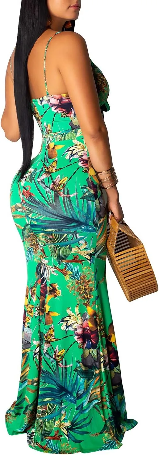 Women's Summer Floral Spaghetti Strap Long Maxi Dresses Low-Cut Bohemian Beach Sundress