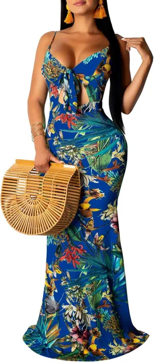 Women's Summer Floral Spaghetti Strap Long Maxi Dresses Low-Cut Bohemian Beach Sundress