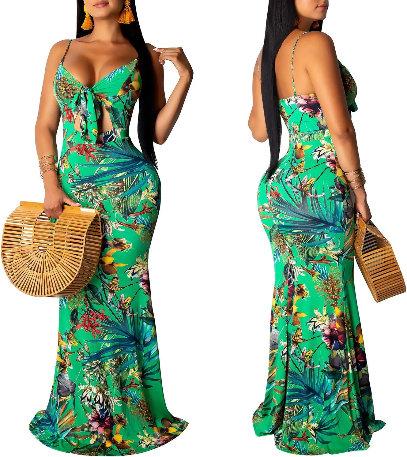 Women's Summer Floral Spaghetti Strap Long Maxi Dresses Low-Cut Bohemian Beach Sundress