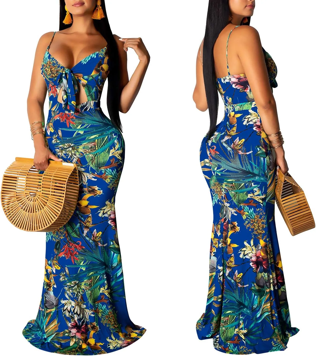 Women's Summer Floral Spaghetti Strap Long Maxi Dresses Low-Cut Bohemian Beach Sundress