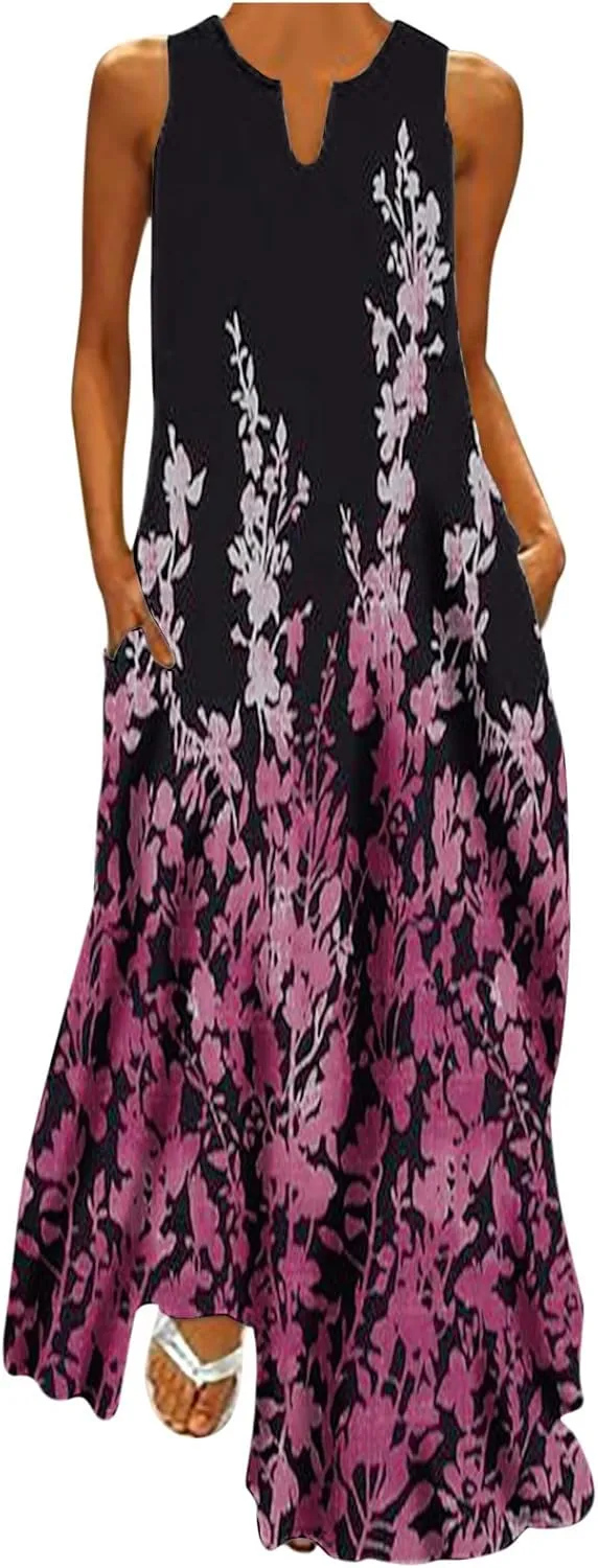Womens Summer Maxi Dress 2024 Casual V Neck Floral Sleeveless Sun Dress Trendy Beach Vacation Long Flowy Dresses with Pocket