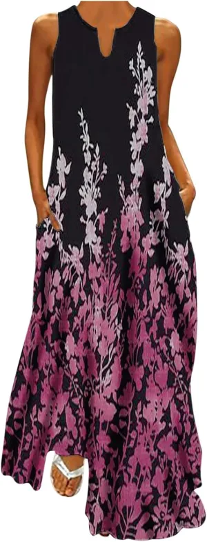 Womens Summer Maxi Dress 2024 Casual V Neck Floral Sleeveless Sun Dress Trendy Beach Vacation Long Flowy Dresses with Pocket