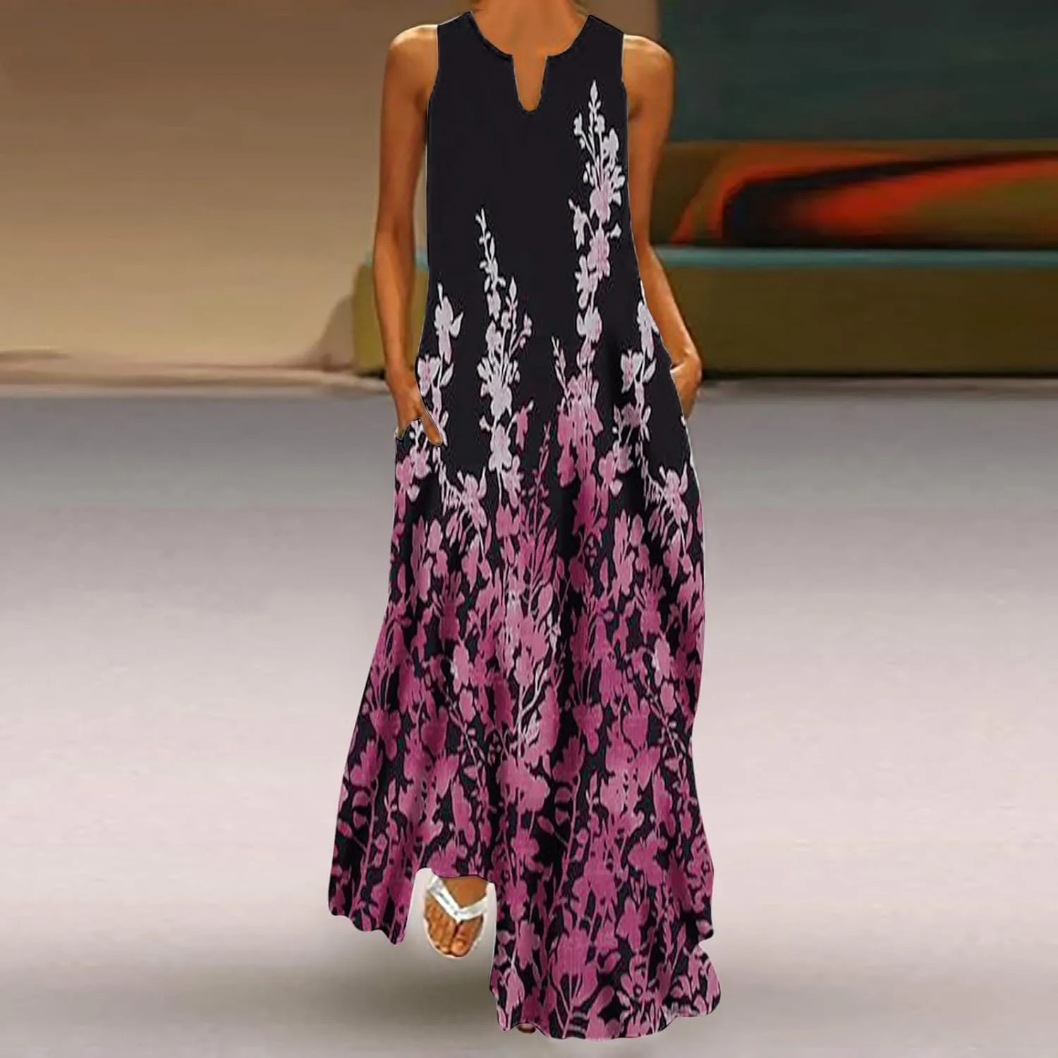 Womens Summer Maxi Dress 2024 Casual V Neck Floral Sleeveless Sun Dress Trendy Beach Vacation Long Flowy Dresses with Pocket