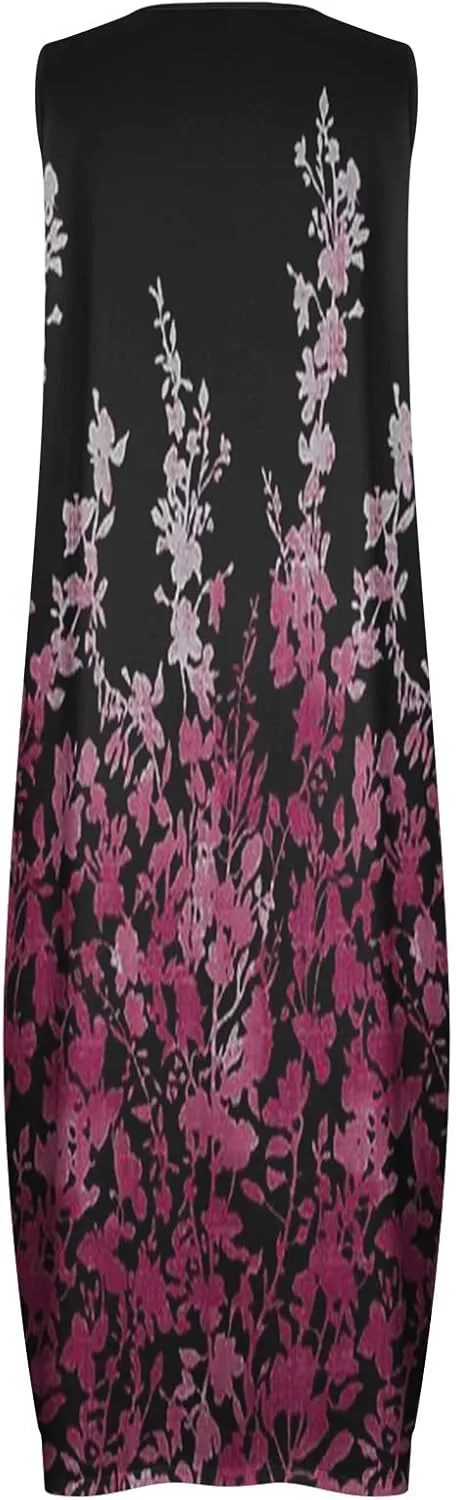 Womens Summer Maxi Dress 2024 Casual V Neck Floral Sleeveless Sun Dress Trendy Beach Vacation Long Flowy Dresses with Pocket