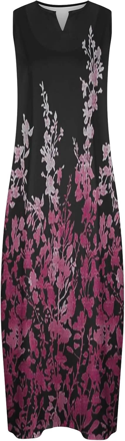Womens Summer Maxi Dress 2024 Casual V Neck Floral Sleeveless Sun Dress Trendy Beach Vacation Long Flowy Dresses with Pocket