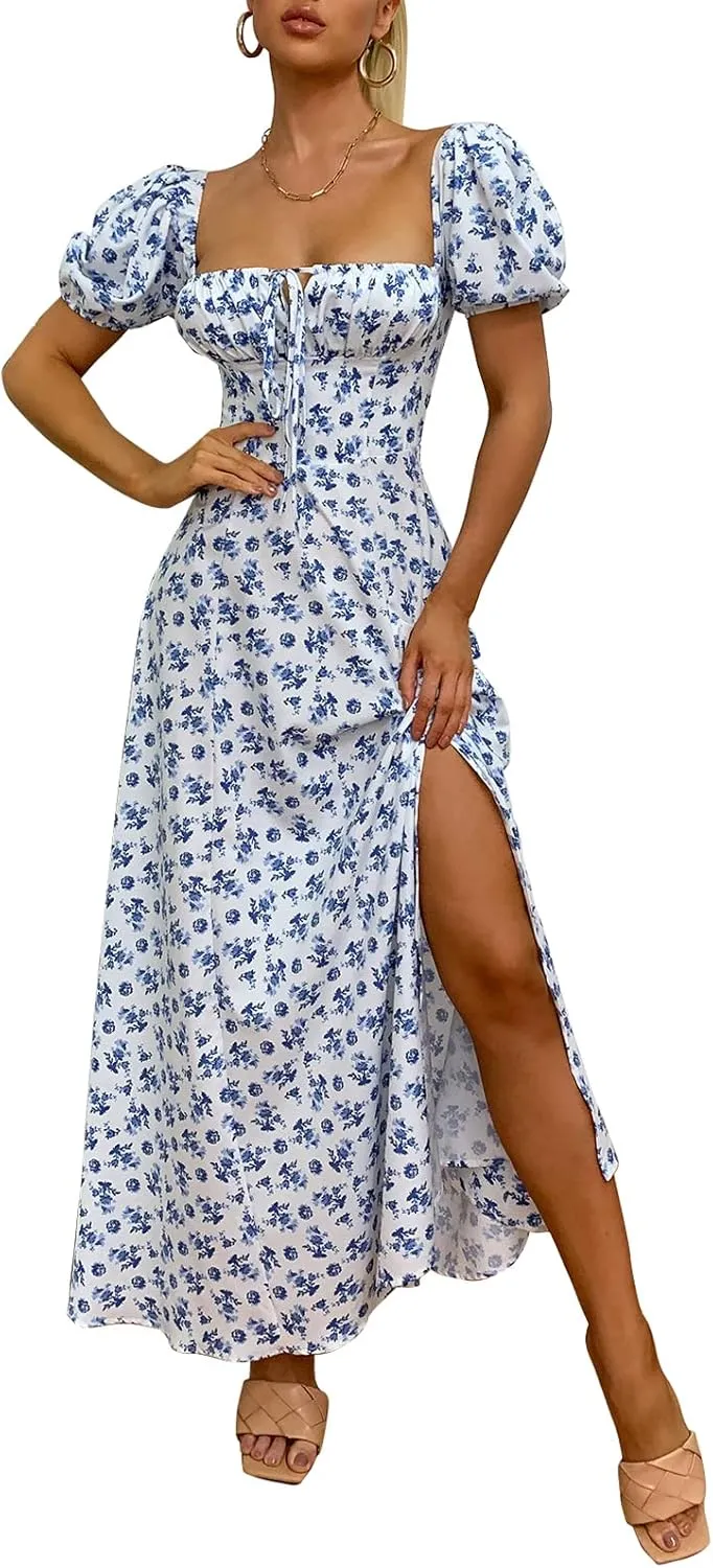 Women's Summer Puff Sleeve Floral Split Maxi Dress Flowy A Line Casual Beach Long Dresses 2025