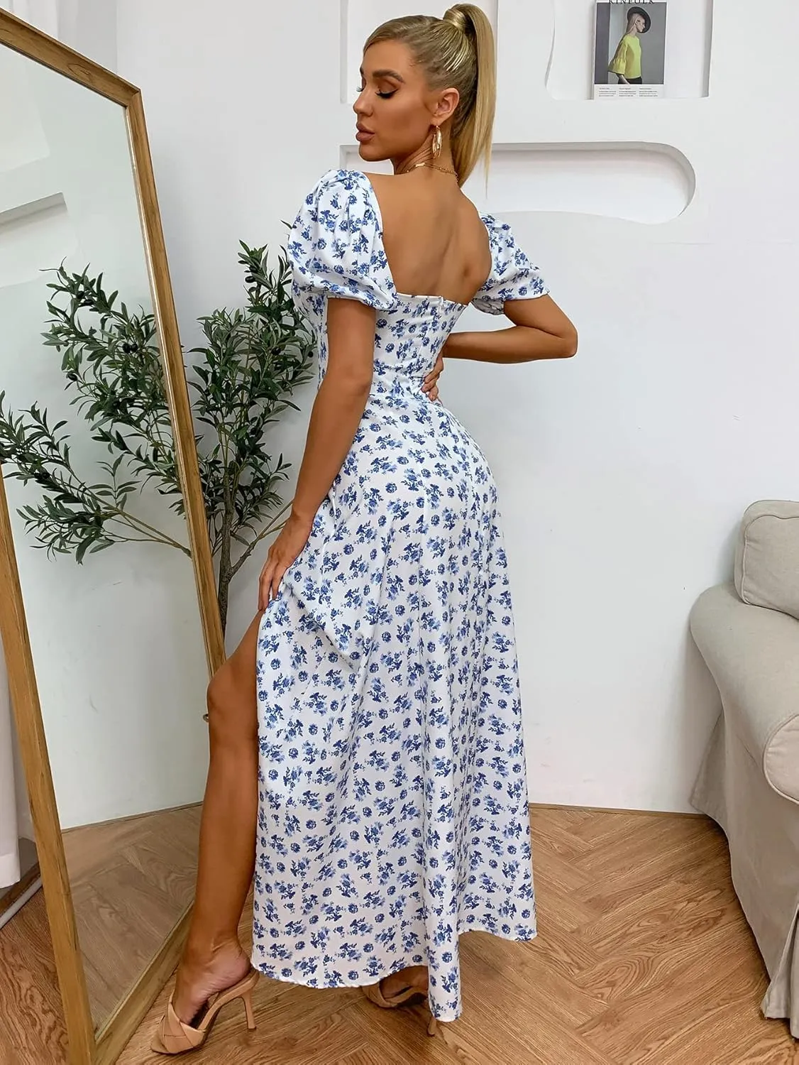 Women's Summer Puff Sleeve Floral Split Maxi Dress Flowy A Line Casual Beach Long Dresses 2025