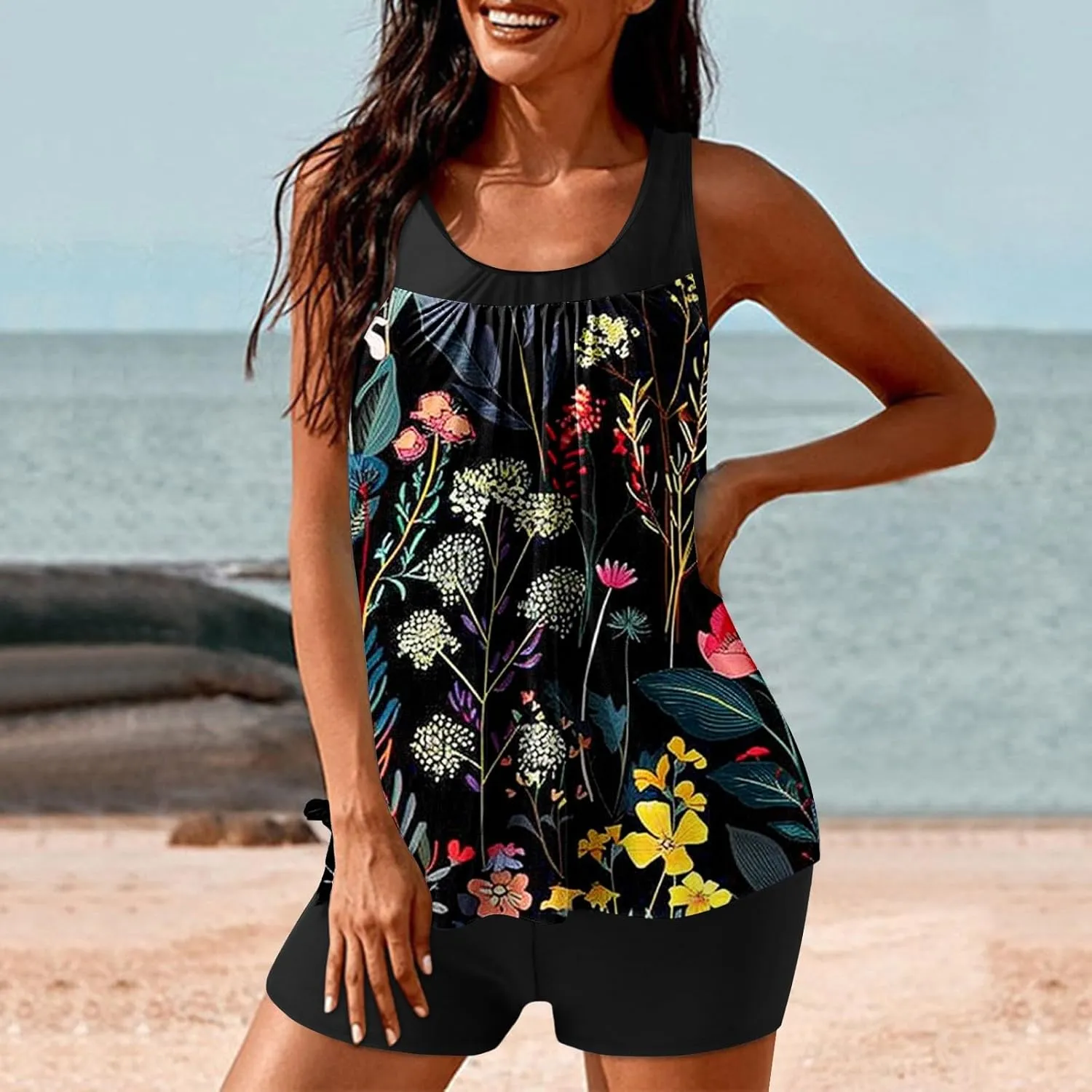 Womens Swimsuits Tankini 2025 Two Pieces Blouson Tankini Swimsuits with Shorts Striped Swim Tank Top Bathing Suits