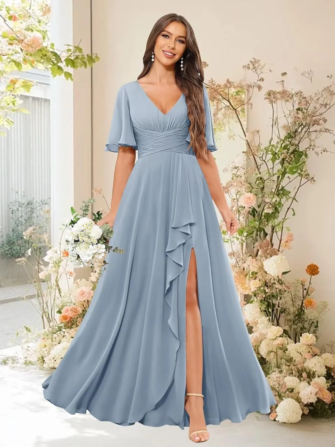 Women's V Neck Bridesmaid Dresses for Wedding Ruffled Chiffon Short Sleeve Pleated Formal Evening Gown