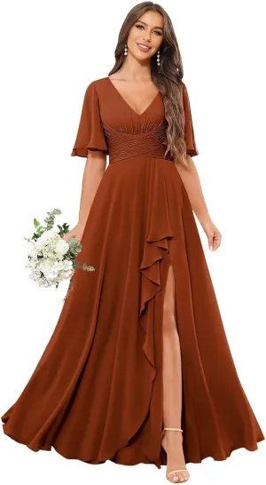 Women's V Neck Bridesmaid Dresses for Wedding Ruffled Chiffon Short Sleeve Pleated Formal Evening Gown