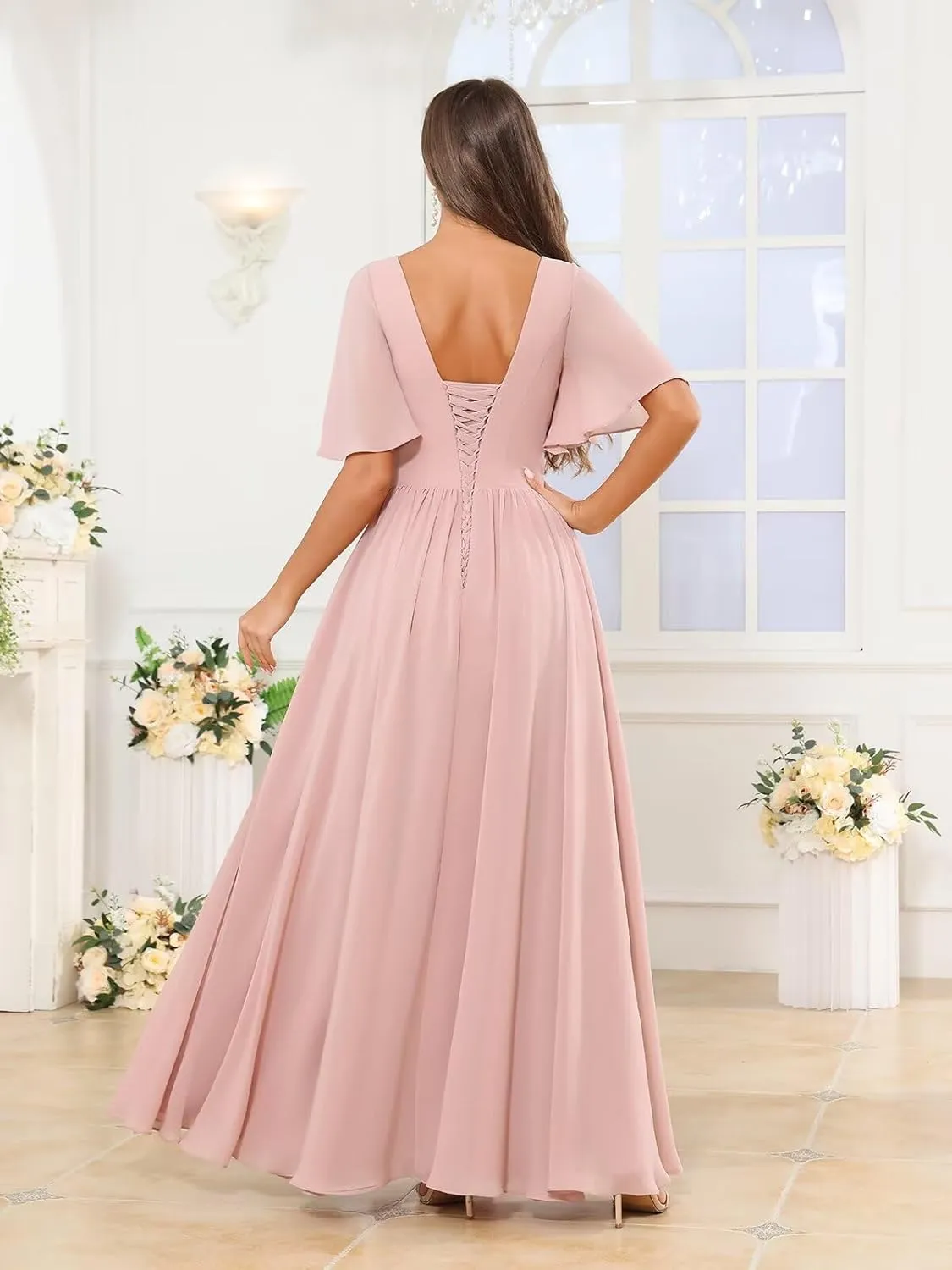 Women's V Neck Bridesmaid Dresses for Wedding Ruffled Chiffon Short Sleeve Pleated Formal Evening Gown