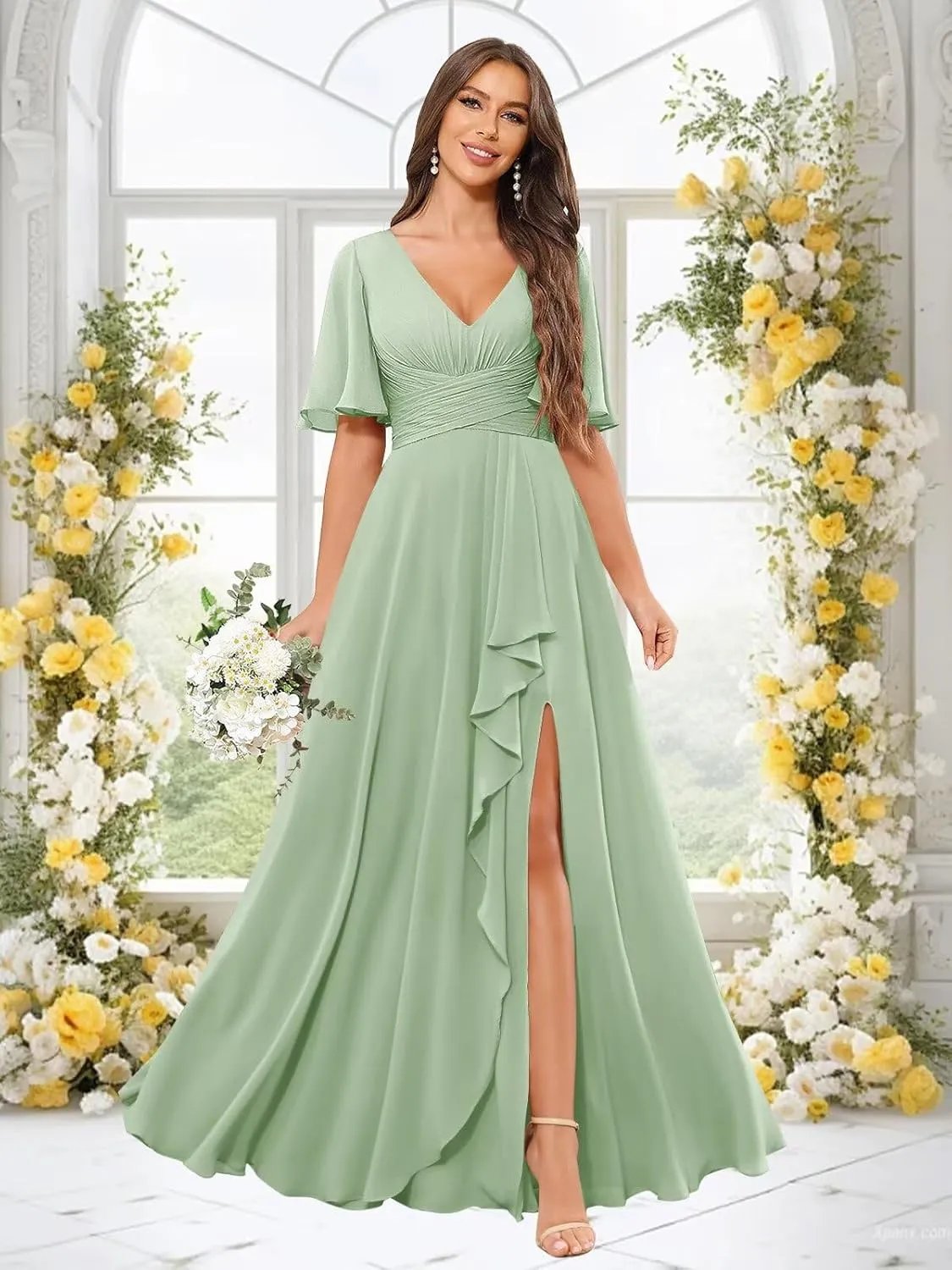 Women's V Neck Bridesmaid Dresses for Wedding Ruffled Chiffon Short Sleeve Pleated Formal Evening Gown