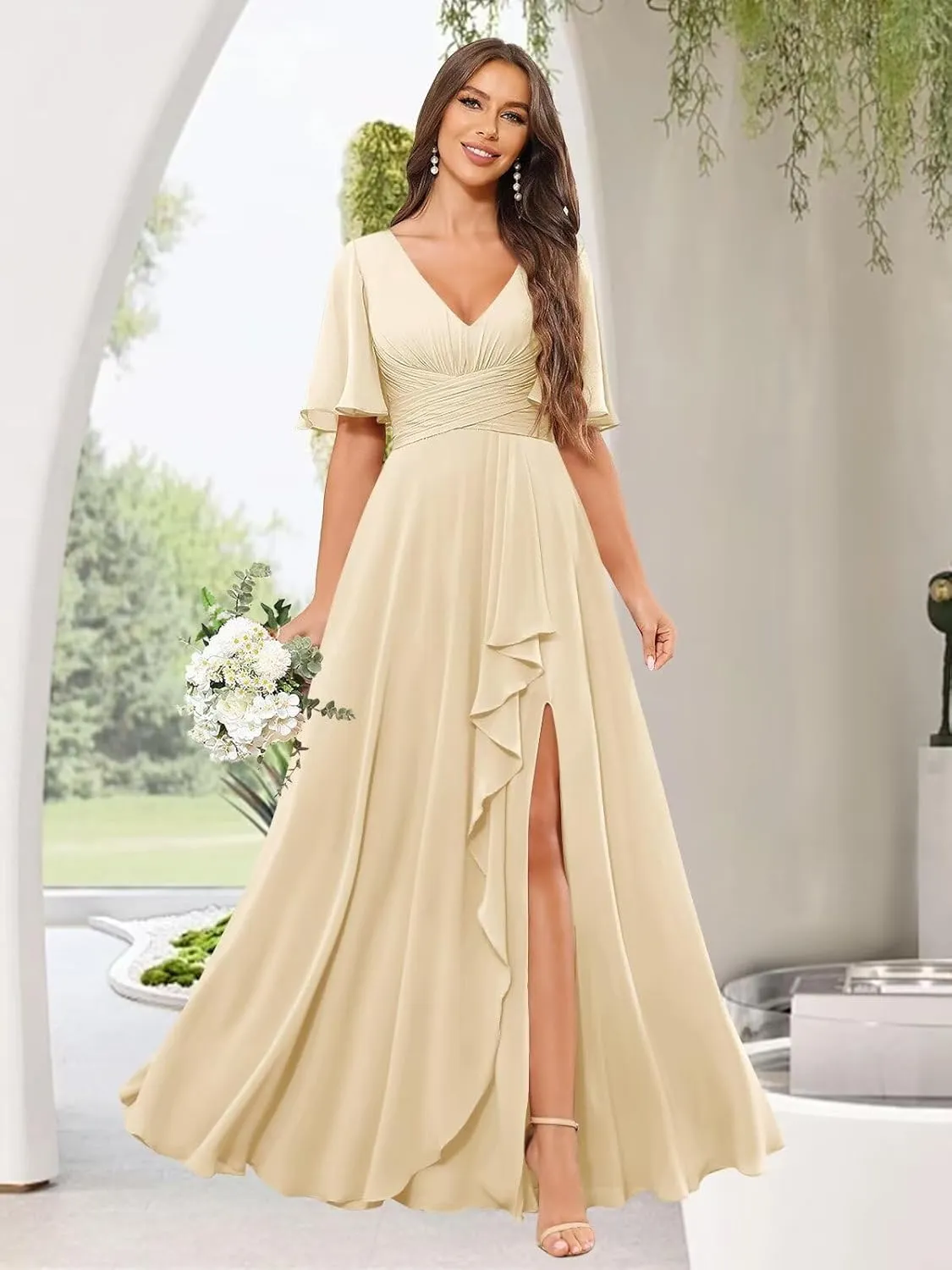 Women's V Neck Bridesmaid Dresses for Wedding Ruffled Chiffon Short Sleeve Pleated Formal Evening Gown