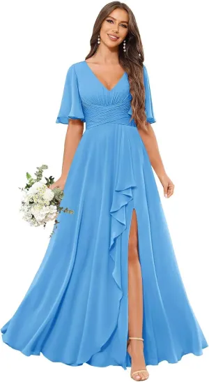 Women's V Neck Bridesmaid Dresses for Wedding Ruffled Chiffon Short Sleeve Pleated Formal Evening Gown