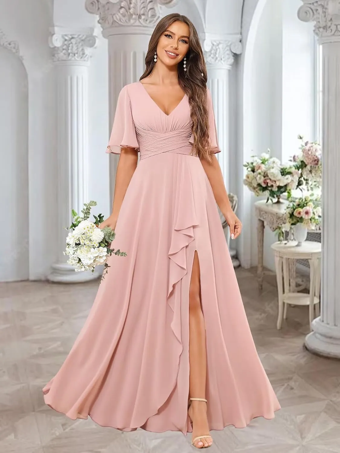 Women's V Neck Bridesmaid Dresses for Wedding Ruffled Chiffon Short Sleeve Pleated Formal Evening Gown