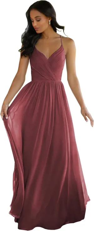 Women's V Neck Bridesmaid Dresses Long for Wedding A-Line Chiffon Open Back Formal Gown with Pockets