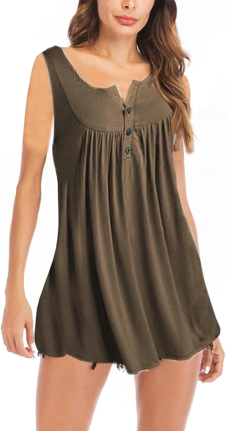 Women's V Neck Button Down Pleated Dresses, Summer Solid Color Loose Casual Mini Dress, Relaxed Stylish Sundress