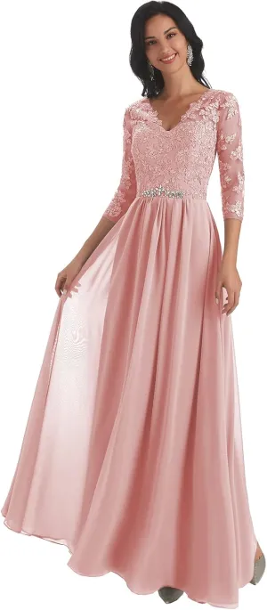 Women's V-Neck Lace Appliques Chiffon Mother of The Bride Dress with Sleeves Long Evening Formal Dress