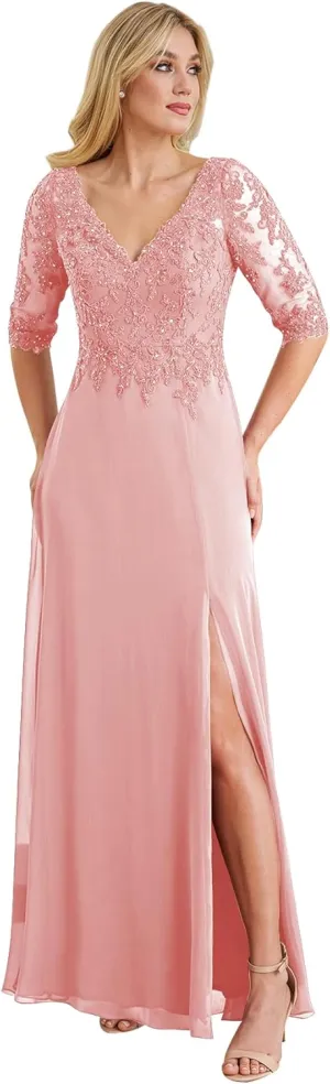 Women's V Neck Lace Mother of The Bride Dresses Short Sleeve Chiffon Long Formal Party Gown with Slit
