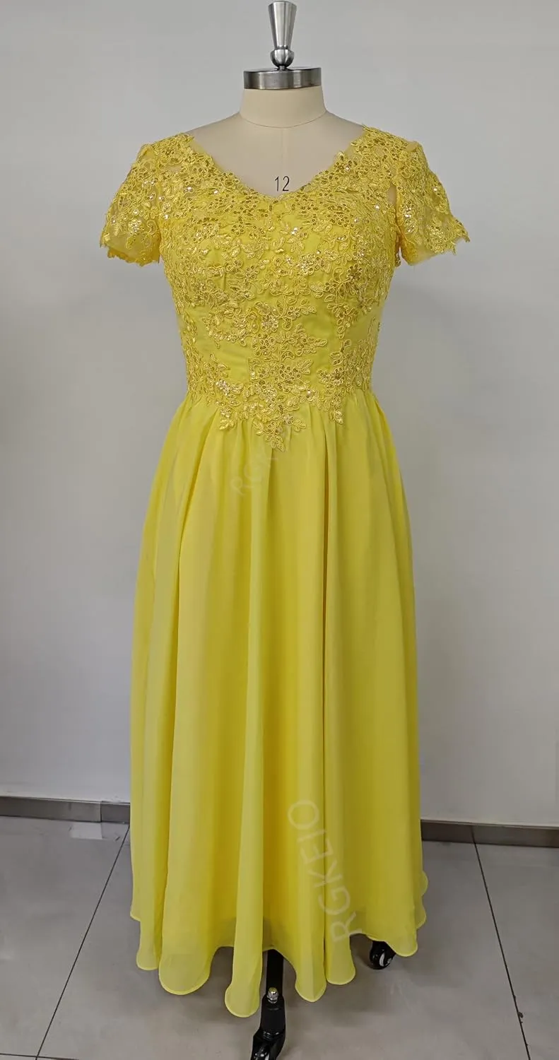 Women's V Neck Mother of The Bride Chiffon Tea Length Dresses with Sleeves Lace Formal Evening Gowns