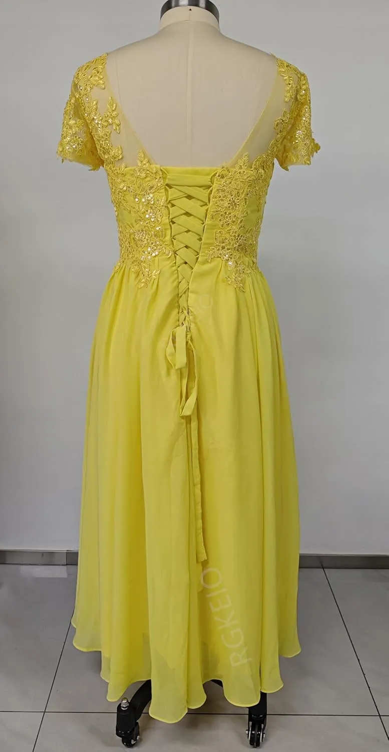 Women's V Neck Mother of The Bride Chiffon Tea Length Dresses with Sleeves Lace Formal Evening Gowns