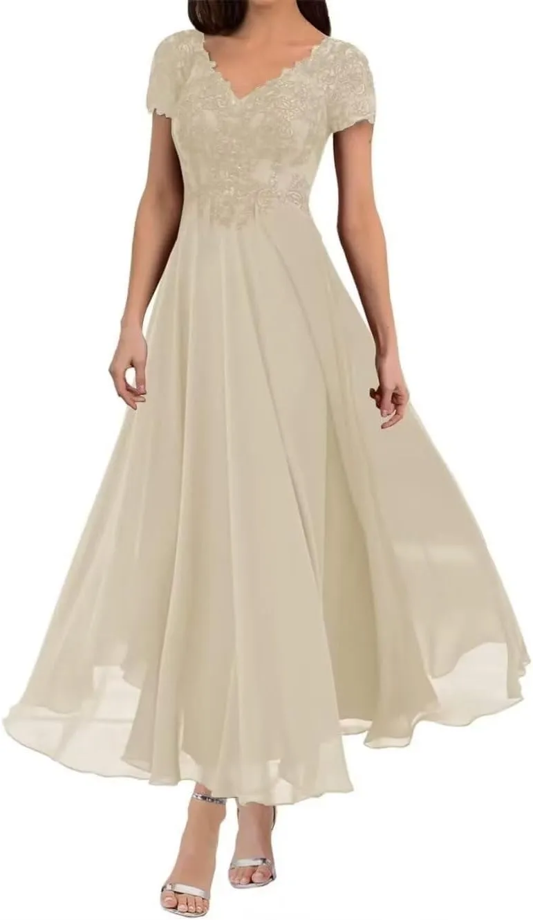 Women's V Neck Mother of The Bride Chiffon Tea Length Dresses with Sleeves Lace Formal Evening Gowns