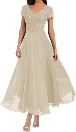 Women's V Neck Mother of The Bride Chiffon Tea Length Dresses with Sleeves Lace Formal Evening Gowns