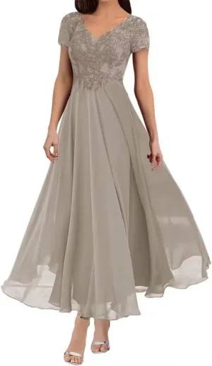 Women's V Neck Mother of The Bride Chiffon Tea Length Dresses with Sleeves Lace Formal Evening Gowns