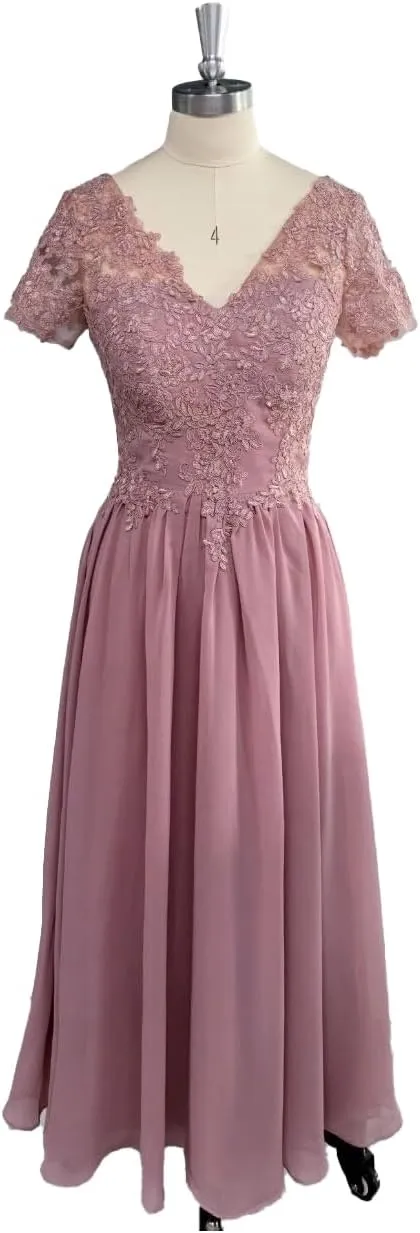 Women's V Neck Mother of The Bride Chiffon Tea Length Dresses with Sleeves Lace Formal Evening Gowns