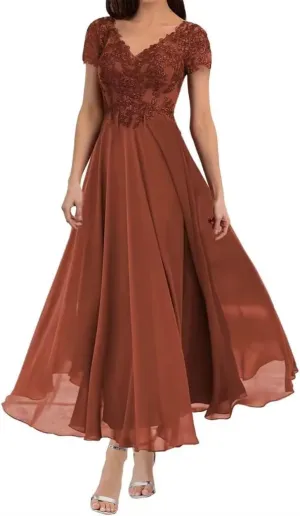 Women's V Neck Mother of The Bride Chiffon Tea Length Dresses with Sleeves Lace Formal Evening Gowns