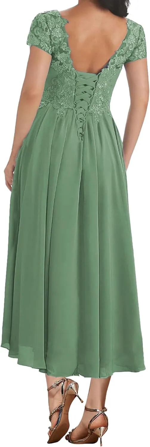 Women's V Neck Mother of The Bride Chiffon Tea Length Dresses with Sleeves Lace Formal Evening Gowns