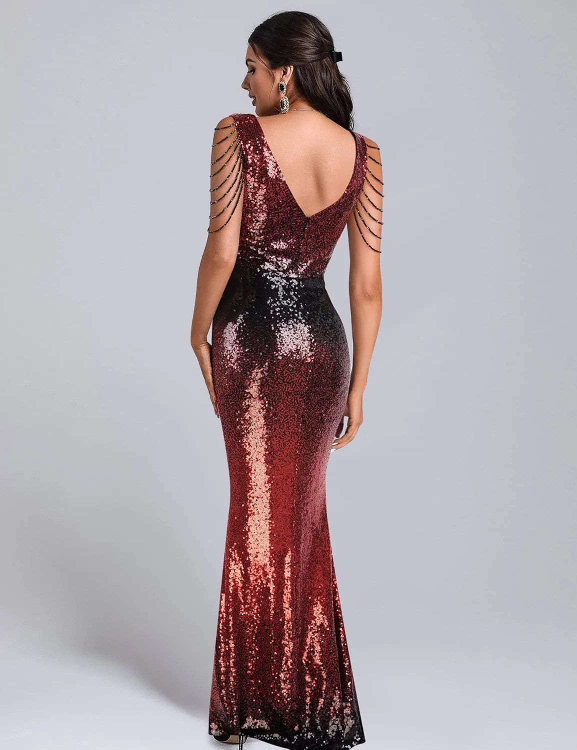 Women's V Neck Sequin Formal Evening Dress Tassel Bead Sleeve Mermaid Long Gown 1920S Party Maxi Military Dress