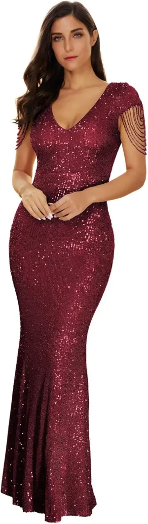 Women's V Neck Sequin Formal Evening Dress Tassel Bead Sleeve Mermaid Long Gown 1920S Party Maxi Military Dress