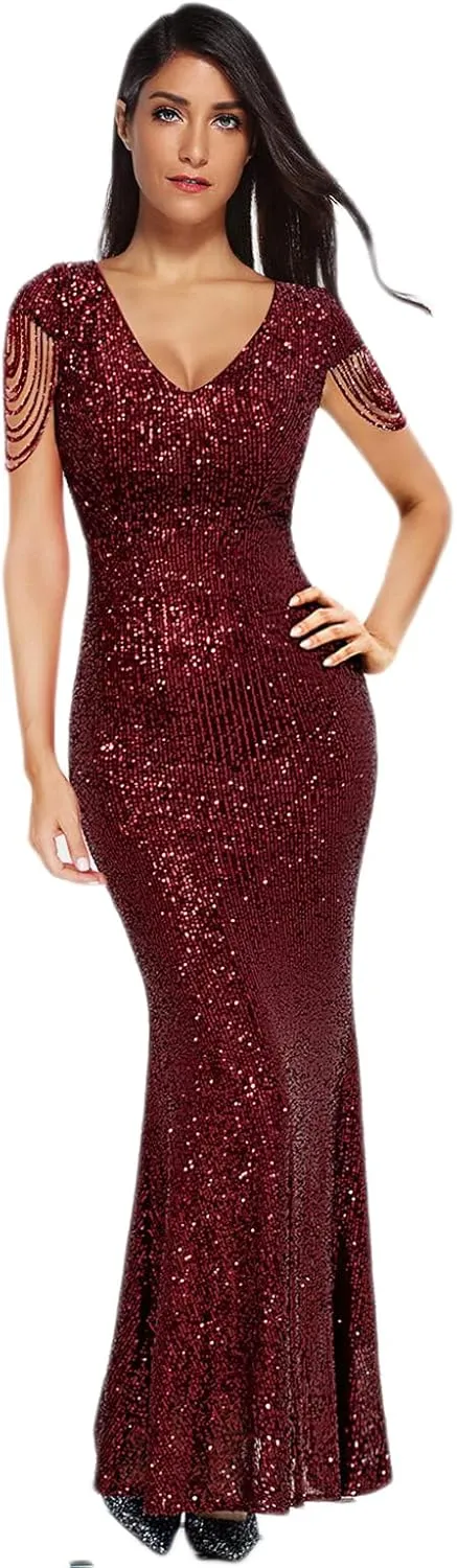 Women's V Neck Sequin Formal Evening Dress Tassel Bead Sleeve Mermaid Long Gown 1920S Party Maxi Military Dress