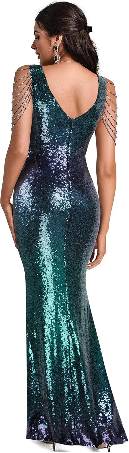 Women's V Neck Sequin Formal Evening Dress Tassel Bead Sleeve Mermaid Long Gown 1920S Party Maxi Military Dress