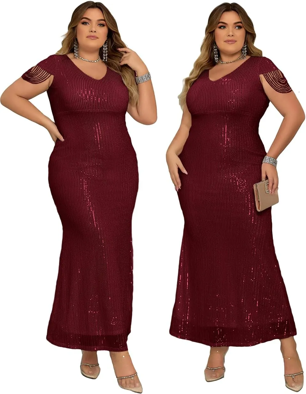 Women's V Neck Sequin Formal Evening Dress Tassel Bead Sleeve Mermaid Long Gown 1920S Party Maxi Military Dress