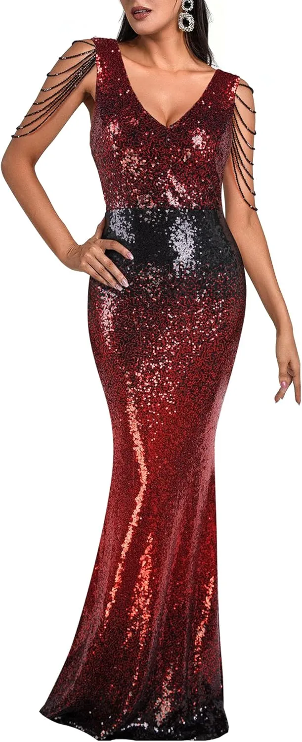 Women's V Neck Sequin Formal Evening Dress Tassel Bead Sleeve Mermaid Long Gown 1920S Party Maxi Military Dress
