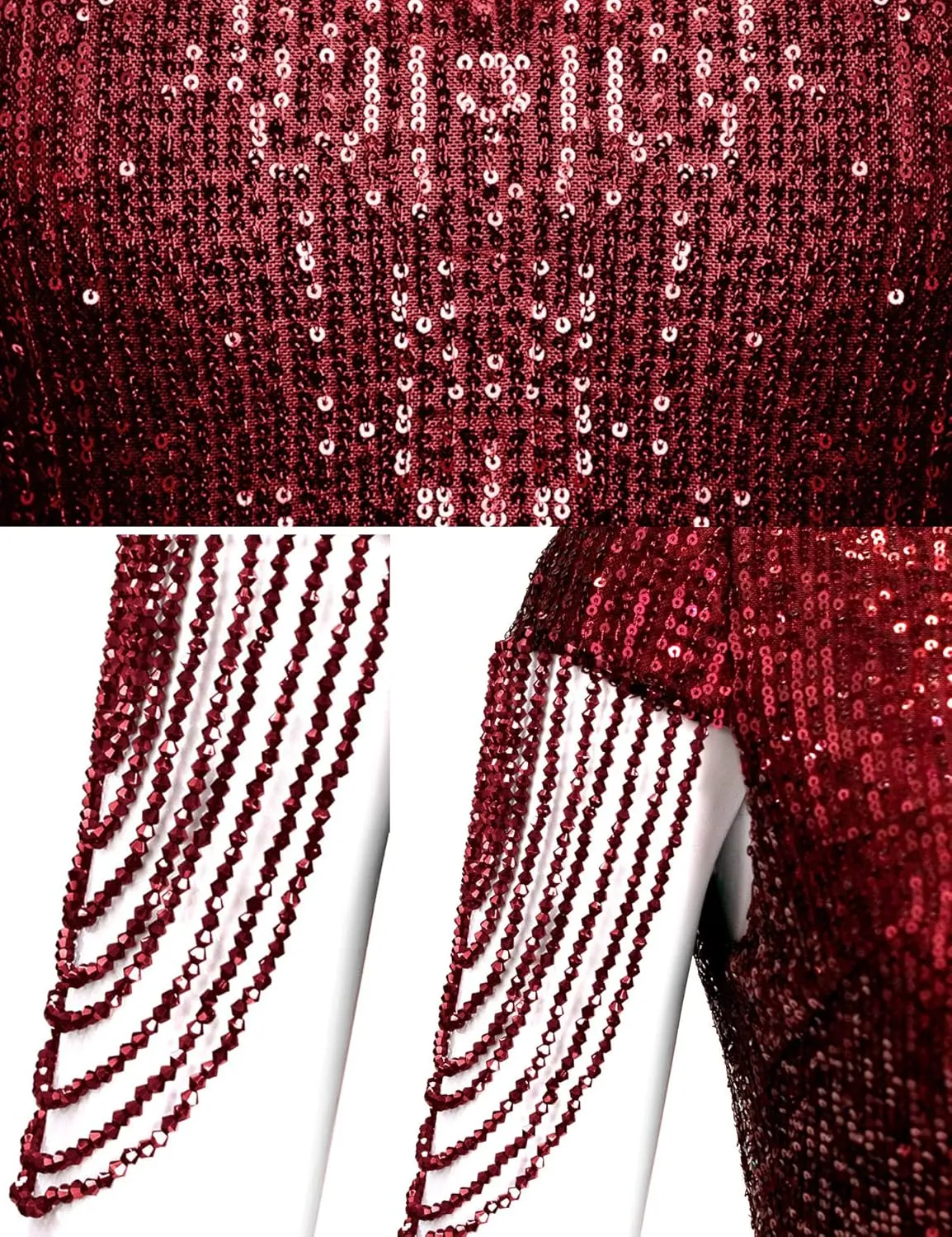 Women's V Neck Sequin Formal Evening Dress Tassel Bead Sleeve Mermaid Long Gown 1920S Party Maxi Military Dress