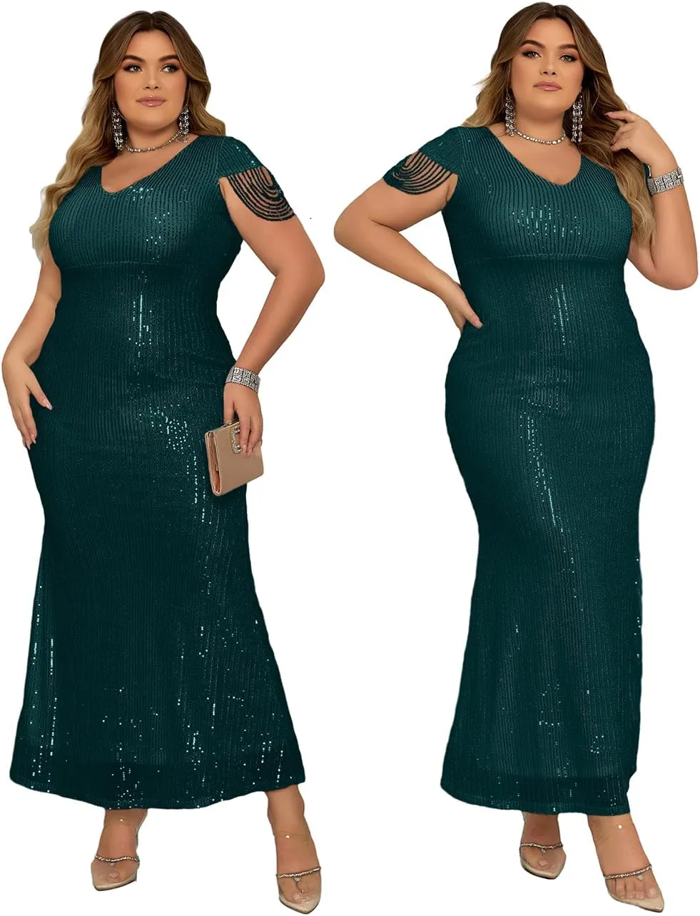 Women's V Neck Sequin Formal Evening Dress Tassel Bead Sleeve Mermaid Long Gown 1920S Party Maxi Military Dress