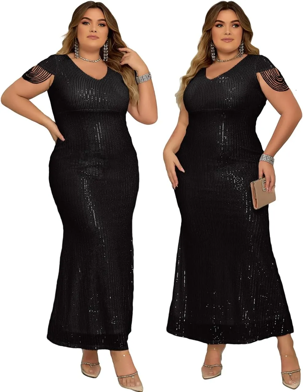 Women's V Neck Sequin Formal Evening Dress Tassel Bead Sleeve Mermaid Long Gown 1920S Party Maxi Military Dress