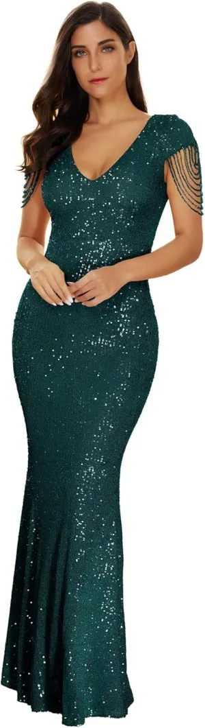 Women's V Neck Sequin Formal Evening Dress Tassel Bead Sleeve Mermaid Long Gown 1920S Party Maxi Military Dress