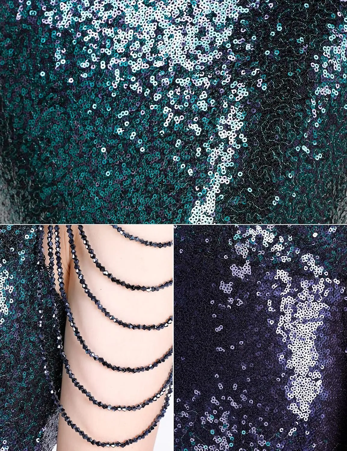 Women's V Neck Sequin Formal Evening Dress Tassel Bead Sleeve Mermaid Long Gown 1920S Party Maxi Military Dress