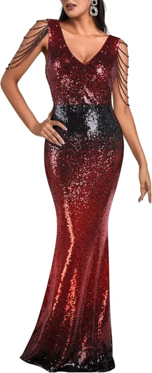 Women's V Neck Sequin Formal Evening Dress Tassel Bead Sleeve Mermaid Long Gown 1920S Party Maxi Military Dress