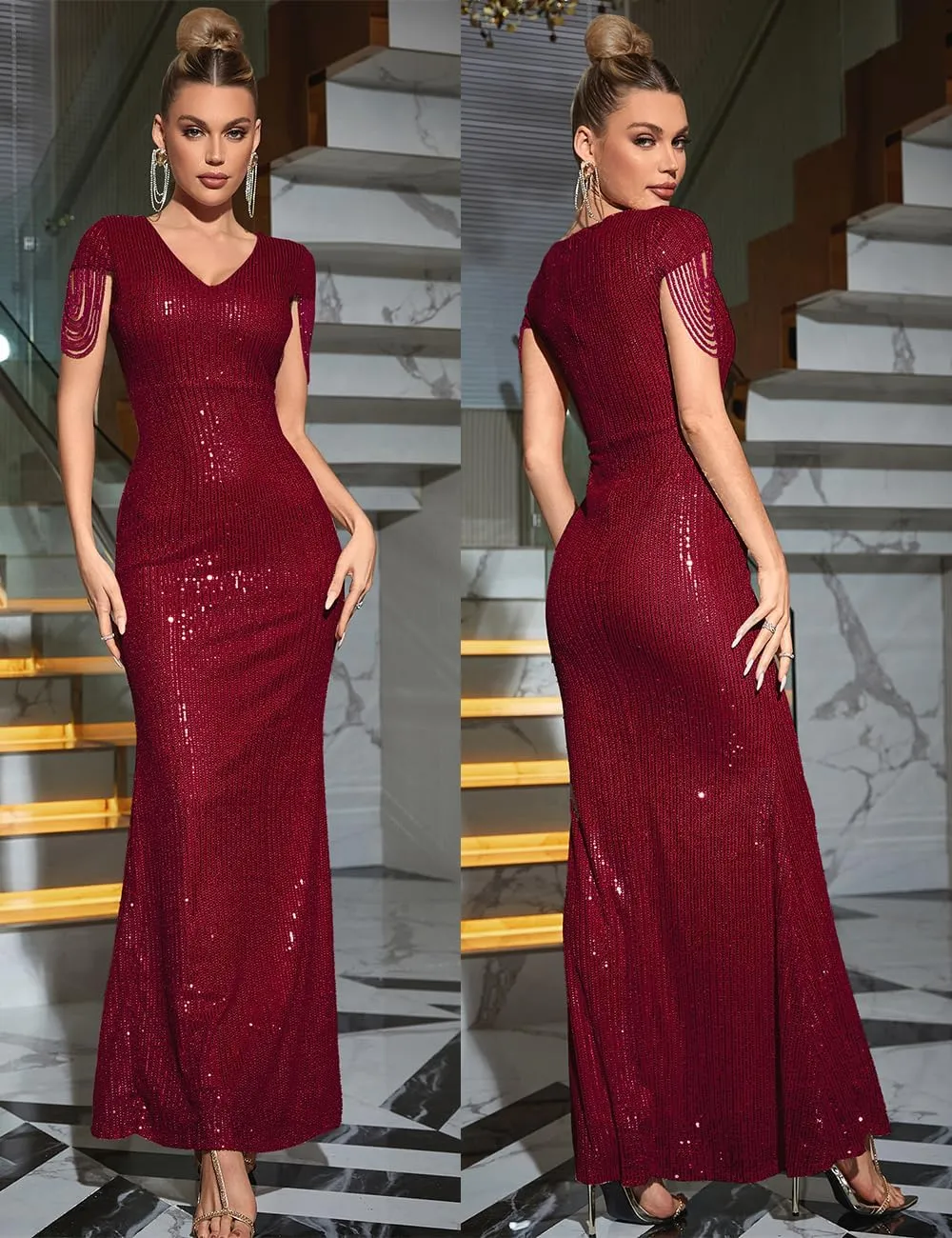 Women's V Neck Sequin Formal Evening Dress Tassel Bead Sleeve Mermaid Long Gown 1920S Party Maxi Military Dress