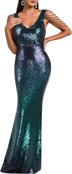 Women's V Neck Sequin Formal Evening Dress Tassel Bead Sleeve Mermaid Long Gown 1920S Party Maxi Military Dress