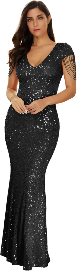Women's V Neck Sequin Formal Evening Dress Tassel Bead Sleeve Mermaid Long Gown 1920S Party Maxi Military Dress