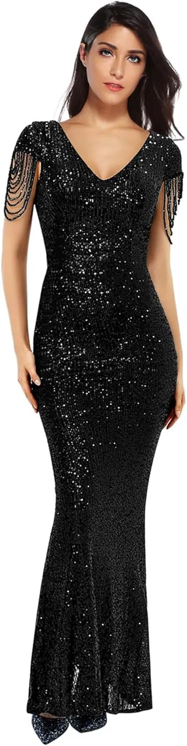 Women's V Neck Sequin Formal Evening Dress Tassel Bead Sleeve Mermaid Long Gown 1920S Party Maxi Military Dress