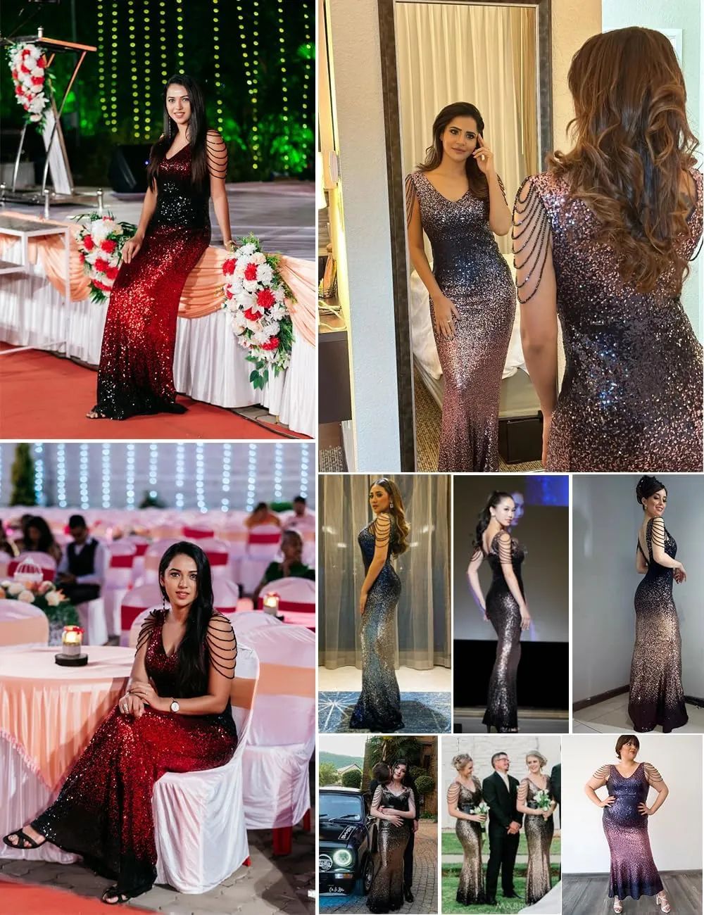 Women's V Neck Sequin Formal Evening Dress Tassel Bead Sleeve Mermaid Long Gown 1920S Party Maxi Military Dress