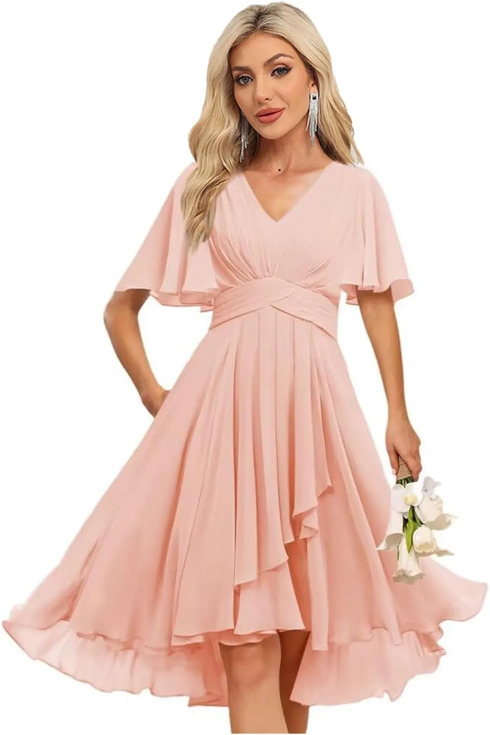 Women's V Neck Short Bridesmaid Dresses 2025 Pleated Chiffon Empire Waist Formal Dress with Pockets